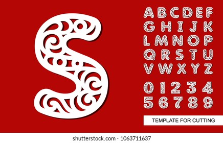 Letter S. Full English alphabet and digits 0, 1, 2, 3, 4, 5, 6, 7, 8, 9. Lace letters and numbers. Template for laser cutting, wood carving, paper cut and printing. Vector illustration.