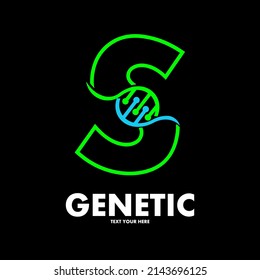 Letra S Plantilla del logotipo del vector del ADN genético. Diseño con símbolo cromosoma. Este logotipo es adecuado para investigación, ciencia, medicina, logotipo, tecnología, laboratorio, molécula, proteína, núcleo, espiral.