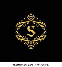 letter S golden  flower  ornament. Vector logo. Monogram alphabet gold . Beautiful floral capital letters
