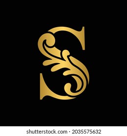 letter S golden flower  ornament. Vector logo. Monogram alphabet. Beautiful floral capital letters
