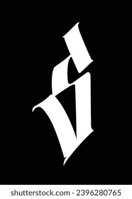 Letter s, in the Gothic style. Vector. Alphabet. The symbol is isolated on a black background. Calligraphy and lettering. Medieval Latin letter. Logo for the company. Monogram. Elegant font for tattoo