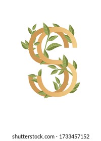 Letter S with gradient style beige color covered with green leaves eco font flat vector illustration isolated on white background