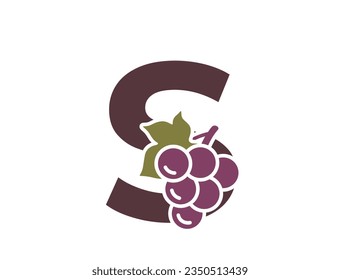 letter s with grapes. fruit and organic food alphabet logo. gardening, harvest and winemaking design. isolated vector image