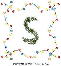 Letter S from green Christmas tree branches. Festive font and frame from garland, symbol of happy New Year and Christmas, sign from alphabet