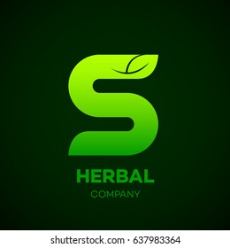 Letter S Green leaf, Herbal, Pharmacy, organic, natural, bio and eco friendly vector illustration