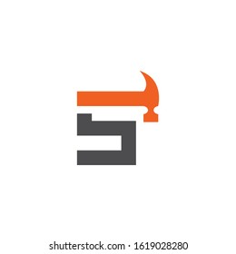 Letter S with with hammer renovation, building services, repair, construction logo design template. Orange and Grey color icon. Isolated on white background. Vector illustration in eps 10.