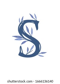 Letter S hand drawn tree branches with leaves botanical flowers floral hand drawn scandinavian style art design element flat vector illustration