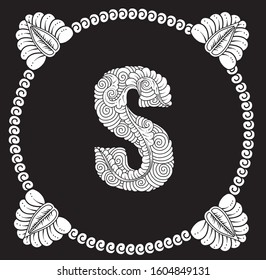 Letter S with Hand-drawn sketch vectors alphabet of tendrils for decorative, carvings and borders patterns. It can also use for ornaments, frames and logos, with Javanese ethnics in black and white