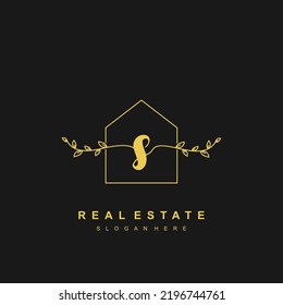 letter S handwritten Real estate logo concept. Feminine style Handwritten alphabet with floral in the logo template. Letters and Alphabet for your logo design.