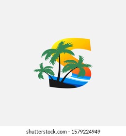 Letter S- Hawaii Palm Beach Logo icon.  Nature logo design concept palm tree and  sea wave  for initial letter S surfing shop, sport, Tour and Travel.