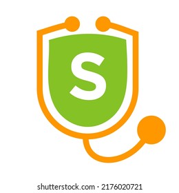 Letter S Healthcare Logo. Doctor and Medical Logotype on Letter S Concept with Shield Stethoscope Sign