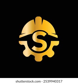 Letter S Helmet And Gear Logo Design Template. Gear engineer logo design vector