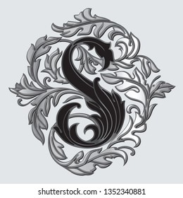 Letter S heraldic monogram in coats of arms form. Vector vintage logo element with shadow isolated on grey background. Letter S is surrounded with floral elements of design.
