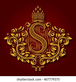 Letter S heraldic monogram in coats of arms form. Vintage golden logo with shadow on maroon background. Letter S is surrounded by floral elements of design.