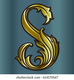 Letter S heraldic vintage monogram with shadow on grey background.
