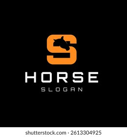 Letter S and Horse Head Stallion design For Modern Horse Farm Logo Black background