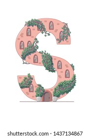 Letter S house isolated on white background. Vertical portrait A4 page. Printable.