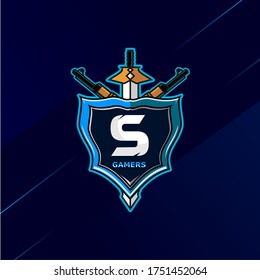Letter S - Initial logo E-Sport with decoration of sword, shield, and weapon. Perfect for gamer brand, squad, etc.