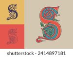 Letter S initial with trailing vines of thistle plant. Medieval blackletter drop cap based on Bohemian manuscript. Romanesque style dim colors illuminated emblem. Decorative wax seal monogram logo.