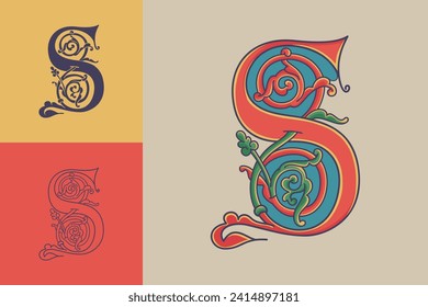 Letter S initial with trailing vines of thistle plant. Medieval blackletter drop cap based on Bohemian manuscript. Romanesque style dim colors illuminated emblem. Decorative wax seal monogram logo.