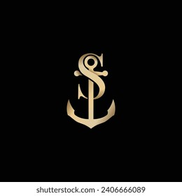 Letter S interconnected with anchor logo in gold