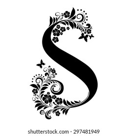 Letter S isolated on white. Romantic letter of beautiful flowers. Floral Alphabet. Vector Illustration