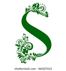 Letter S isolated on white. Green letter of a St. Patrick's Day.  Alphabet Set. Vector Illustration