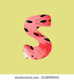 Letter s isolated on yellow background, elegant geometric symbol. letter of the English alphabet. Watermelon texture.  Hand drawn vector illustration.