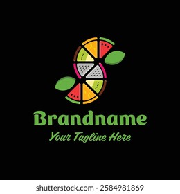Letter S Juice Logo, made up of sliced watermelons, oranges, kiwi, and dragon fruit