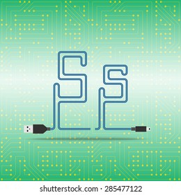 Letter S laid cable. USB blue cable, vector illustration. Background microchip