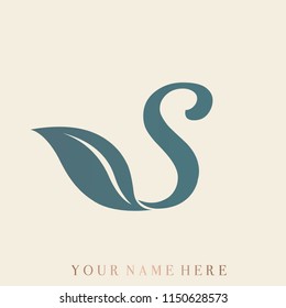 Letter S with leaf.Hand drawn initial logo.Typographic vector icon with nature element isolated on light background.