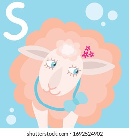 Letter S. Learning English alphabet with colorful animals. Vector cartoon Sheep.