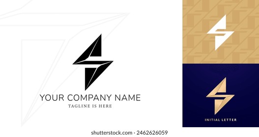 letter s a lightning bolt logo design with a gold and black backgrounds for company logo icon element, personal names, business, fashion, branding company identity, advertisement materials golden foil