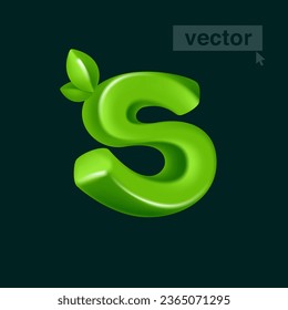 Letter S logo 3D render in cartoon cubic style with green leaves. Eco-friendly vector illustration. Impossible isometric shapes. Perfect for nature banner, healthy food labels, garden, and grass adv.