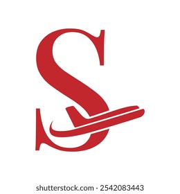 Letter S logo with Aeroplane icon, Transportation and traveling agency logo design with letter S, logo that usable for Ticketing Agency, Initial S letter with Aeroplane symbol, Red color