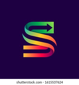 Letter S logo with arrow inside. Vector bright colours typeface for delivery labels, business headlines, finance posters, sport cards etc.