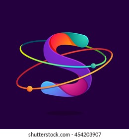 Letter S logo with atoms orbits lines. Bright vector design for science, biology, physics, chemistry company.