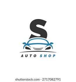 Letra S logo auto mecánico con diseño de coche. Icono de estilo de automóvil Alphabet S