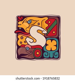 Letter S logo in Aztec, Mayan or Incas style. Native American symbol with leopard warrior and vulture faces. Perfect for ethnic labels, sport emblem, tattoo design and tribal identity, etc.