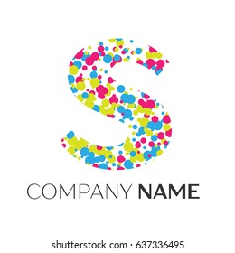 Letter S logo with blue, yellow, red particles and bubbles dots on white background. Vector template for your design
