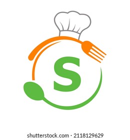 Letter S Logo With Chef Hat, Spoon And Fork For Restaurant Logo. Restaurant Logotype On Letter S Spoon And Fork Concept