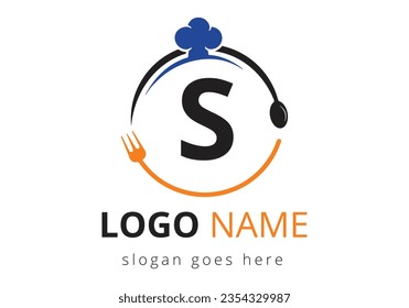 Letter S Logo With Chef Hat, Spoon And Fork For Restaurant Logo. Modern vector logo for café, restaurant, cooking business, and company identity