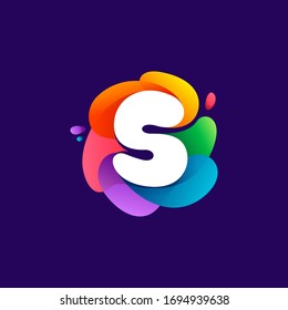 Letter S logo at colorful multicolor gradient splash. Perfect font for media labels, nightlife print, cartoon posters etc.