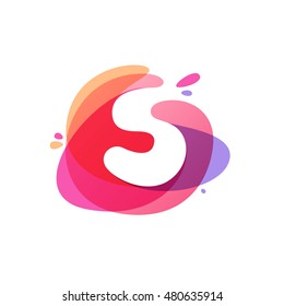 Letter S logo at colorful watercolor splash background. Vector elements for posters, t-shirts and cards. 