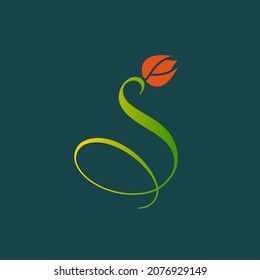 Logo de la letra S. Icono decorativo de caligrafía aislado en fondo verde. Monograma inicial alfabético. Signo de carácter. Diseño moderno, elegante, salud, símbolo de estilo de belleza. Naturaleza, flor tulipán, elemento pétalo.