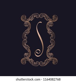 Letter S logo with decorative frame.Ornaments and lettering vector icon isolated on dark background.