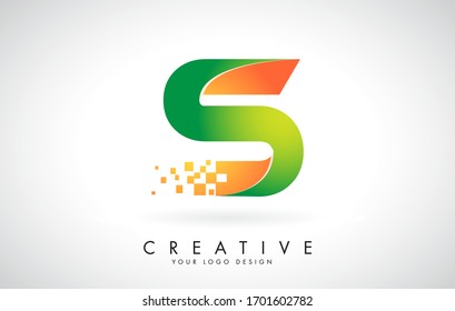 Letter S Logo Design in Bright Colors with Shattered Small blocks on white background.  Vector Illustration Design. Pixel art of the S letter logo. 

