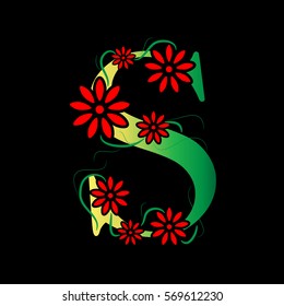 Letter S Logo Design Concept with Red Flowers Isolated on Black Background
