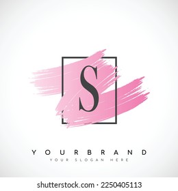 Letter S Logo Design With Pink Brush in Black Frame. Vector Illustration