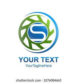 Letter S logo design template colored blue green circle turbine rotation design for business and company identity. Abstract initial S alphabet logo element.